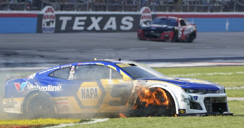 Driver Chase Elliott's tire burns after he contacted the wall during the NASCAR Cup Series race at Texas Motor Speedway in Fort Worth last Sunday.