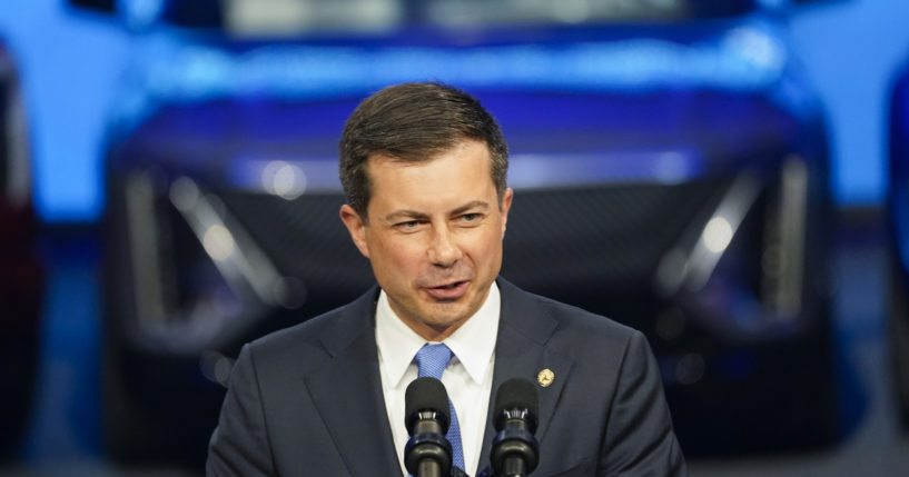 Secretary of Transportation Pete Buttigieg speaks during the North American International Auto Show in Detroit, Michigan, on Sept. 14.