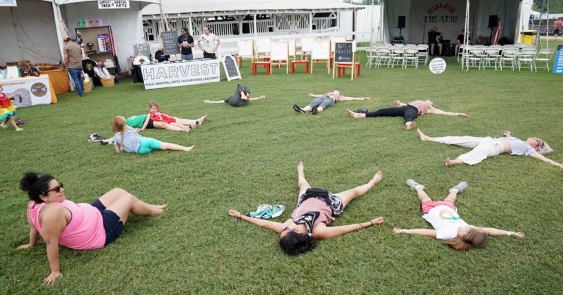 Festival goers participate in Harvest Kids Yoga during day two of the 2022 Pilgrimage Music & Cultural Festival on September 25, 2022 in Franklin, Tennessee. (Photo by Erika Goldring/Getty Images for Pilgrimage Music & Cultural Festival)