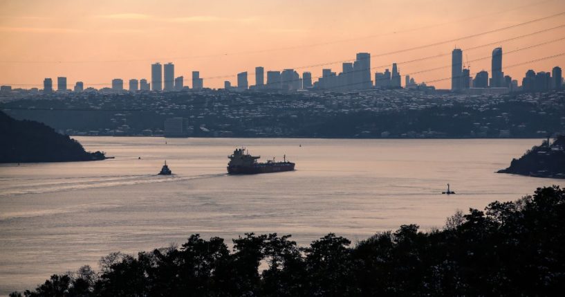 Ships cross the Bosphorus strait in a snow-covered Istanbul, Turkey, on Jan. 26.