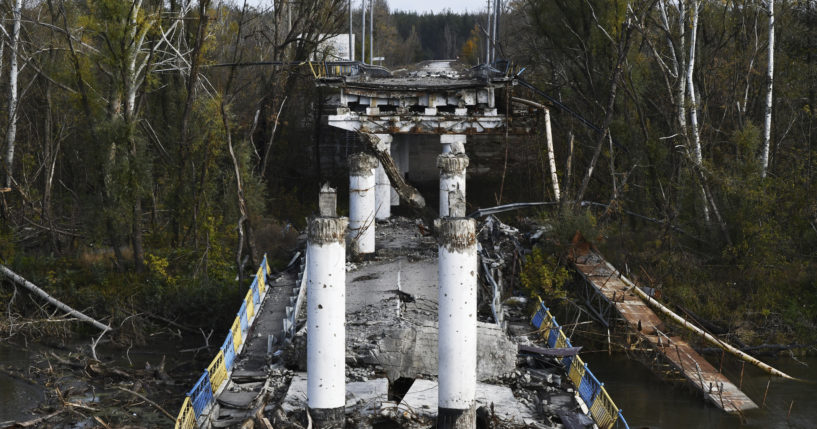 A view of a damaged bridge in the retaken village of Bohorodychne, eastern Ukraine on Saturday.