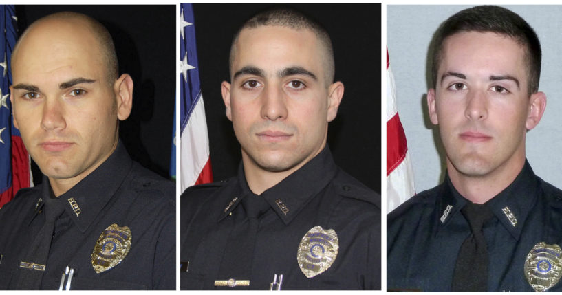 Sgt. Dustin Demonte, left, Officer Alex Hamzy, center, and Officer Alec Iurato were reportedly ambushed while responding to a 911 call Thursday. Iurato was hit by a bullet but returned fire and killed the suspect Demonte and Hamzy were killed in the attack.