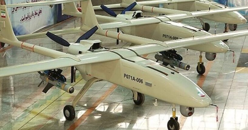 Iranian Qods Mohajer-6 Unmanned Aerial Vehicles (drones) parked in a military hangar