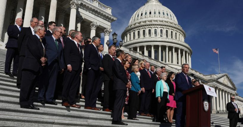 House Minority Leader Rep. Kevin McCarthy speaks as other House Republicans listen during a news conference at the U.S. Capitol on Sept. 29 in Washington, D.C.