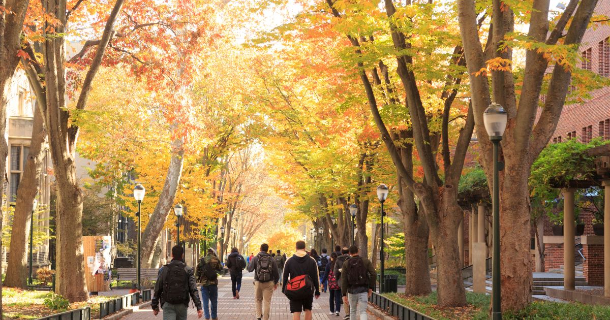 Students walk down Locust Walk in the fall at the University of Pennsylvania in Philadelphia.