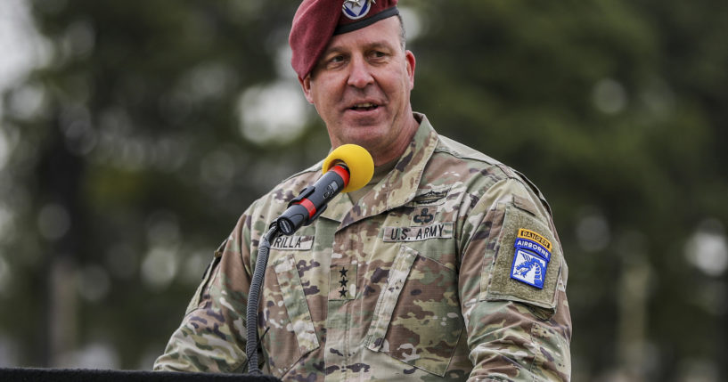 Then-Lt. Gen Michael "Erik" Kurilla speaks at the 101st Airborne Division change of command at Fort Campbell, Kentucky, on March 5, 2021.