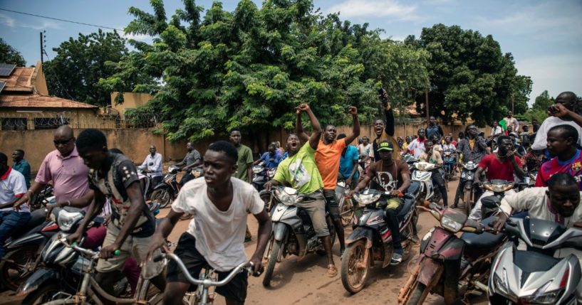 Young men chant slogans against the power of Lieutenant-Colonel Damiba, against France and pro-Russia, in Ouagadougou, Burkina Faso, on Friday.