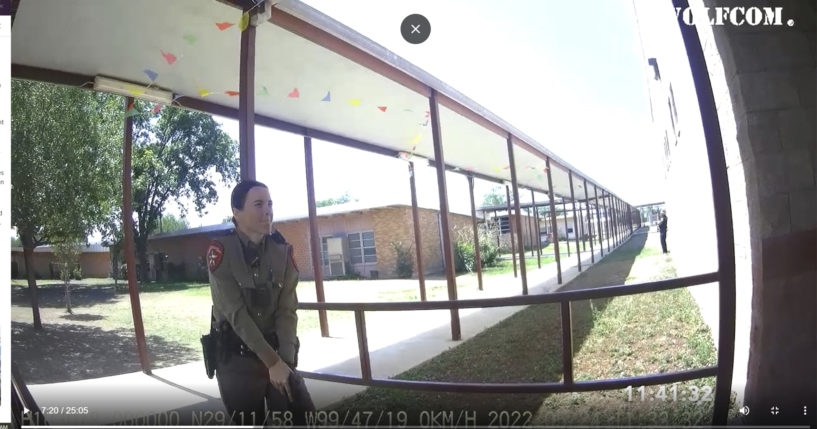 Former Texas Department of Public Safety trooper Crimson Elizondo responds to the shooting at Robb Elementary School in Uvalde, Texas, on May 24.