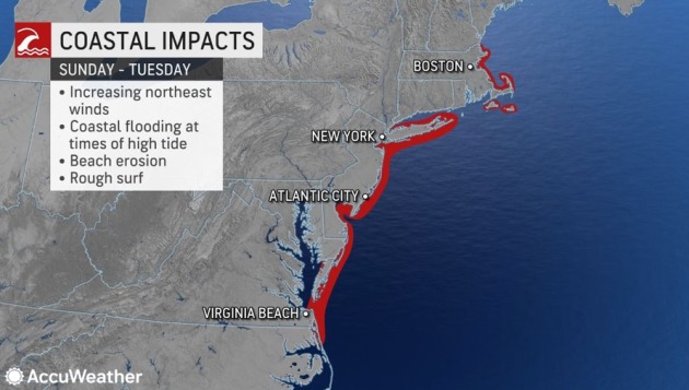 Areas prone to taking on water during wintertime nor'easters such as Wildwood, New Jersey, and Norfolk, Virginia, will likely experience similar conditions through the first half of this week, AccuWeather Senior Meteorologist Alex Sosnowski said.