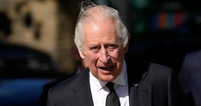 King Charles III arrives to thank emergency service workers for their work and support ahead of the funeral of Queen Elizabeth II at the Metropolitan Police Service Special Operations Room in London on Sept. 17.