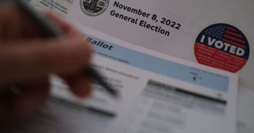 A voter fills out a ballot in Los Angeles on Monday.