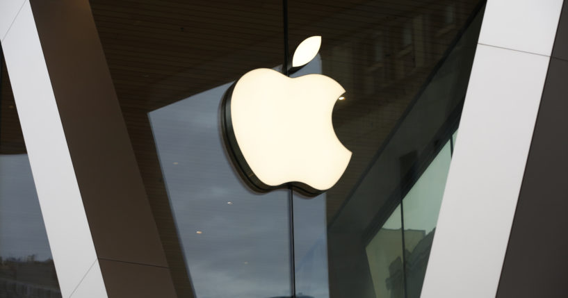 An Apple logo adorns the facade of the downtown Brooklyn Apple store in New York City, on March 14, 2020.