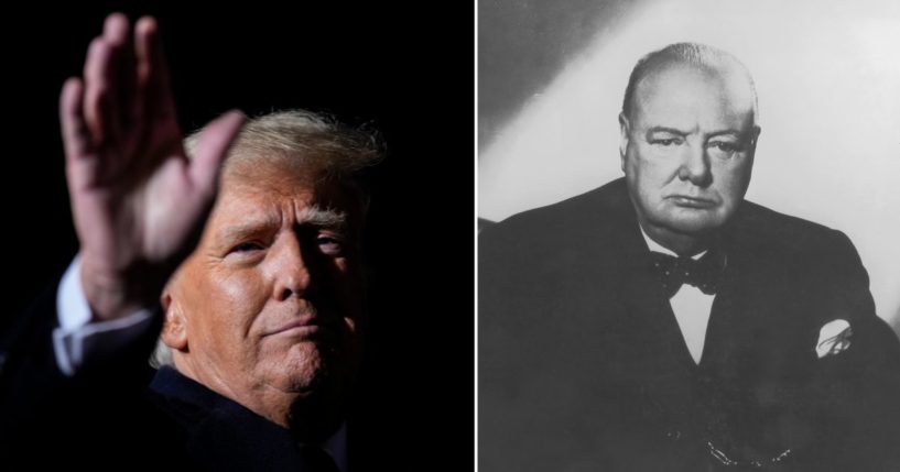 Former U.S. President Donald Trump waves at a rally on Monday in Vandalia, Ohio. British Prime Minister Winston Churchill sits in an armchair.