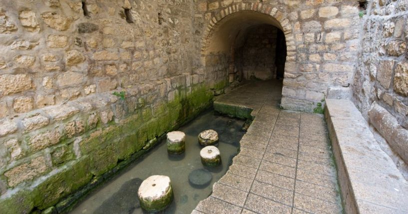 The Pool of Siloam lies at the end of Hezekiah's Tunnel on the southern slope of "the City David" in Jerusalem.