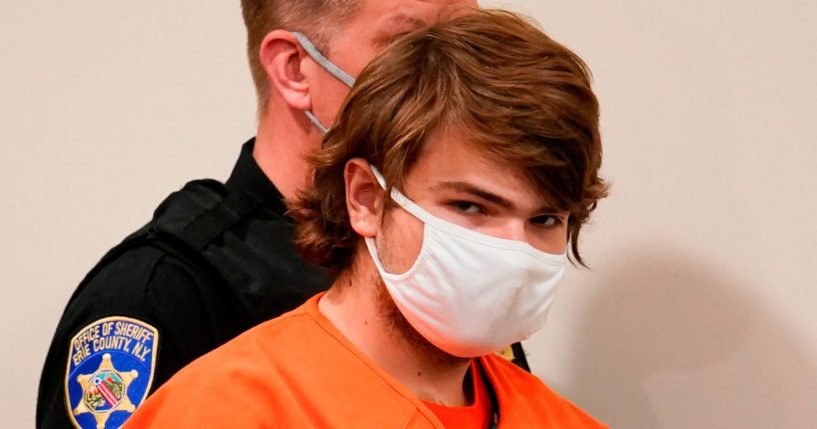 Payton Gendron is led into the courtroom for a hearing at Erie County court, in Buffalo, New York, on May 19.