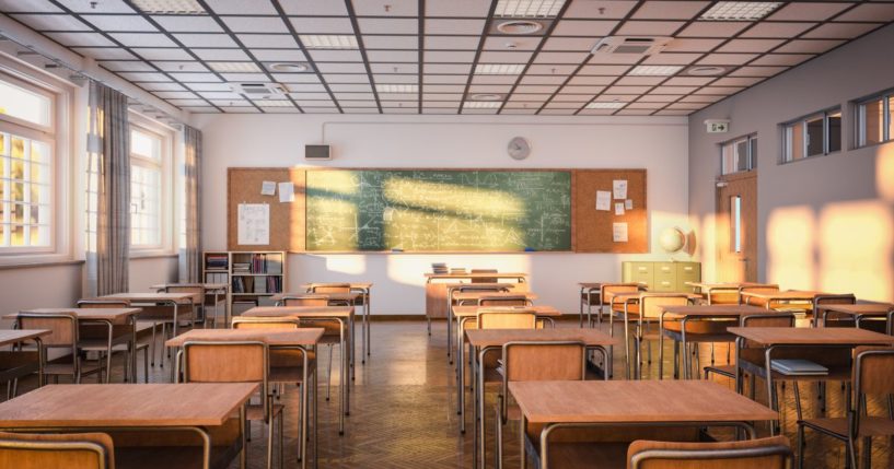 The interior view of an empty classroom.