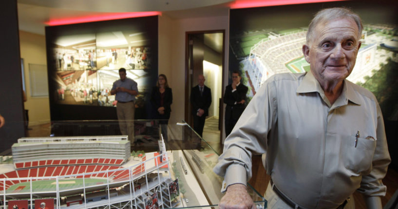 Retired San Francisco 49ers general manager John McVay stands next to a model of the planned 49ers football stadium at the Preview Center in Santa Clara, California, on September 27, 2011.