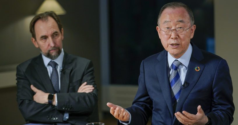 Former United Nations Secretary-General Ban Ki-moon, right, is joined by Zeid Raad Al Hussein, left, as he speaks during an interview with The Associated Press in New York City on Friday.