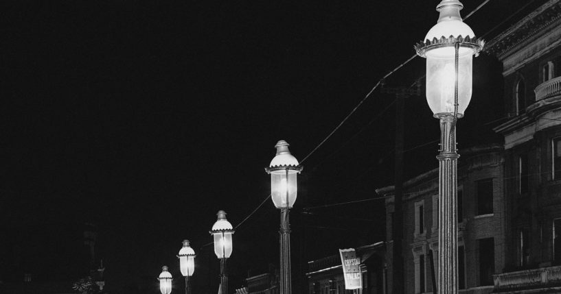 Gas lamps illuminate St. Louis Gaslight Square on April 2, 1962.