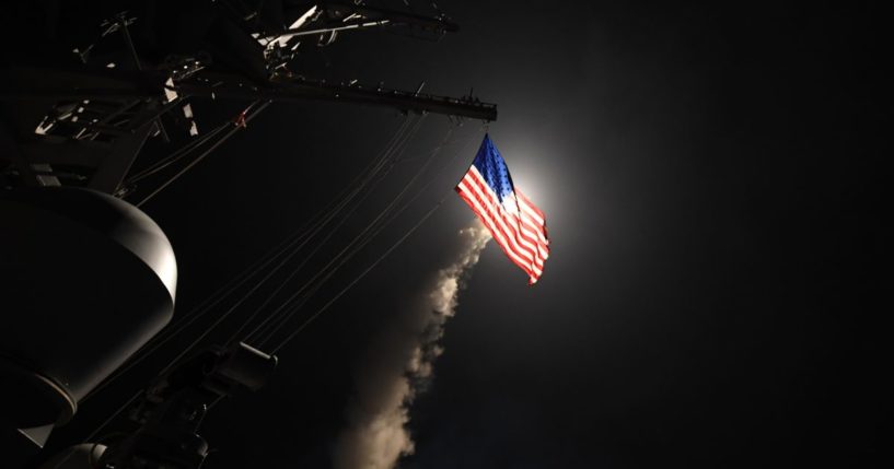 The guided-missile destroyer USS Porter fires a Tomahawk land attack missile on April 7, 2017, in the Mediterranean Sea.