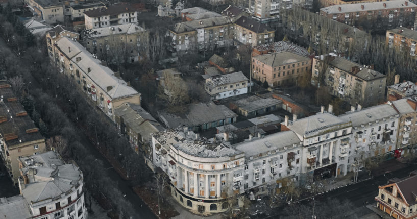 An aerial view Friday of Bakhmut, the site of the heaviest battles with the Russian troops, in the Donetsk region of Ukraine.