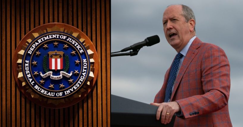 An FBI crest is seen on Aug. 3, 2007, inside the J. Edgar Hoover FBI Building in Washington, D.C. Rep. Dan Bishop speaks during a rally on April 9 in Selma, North Carolina.