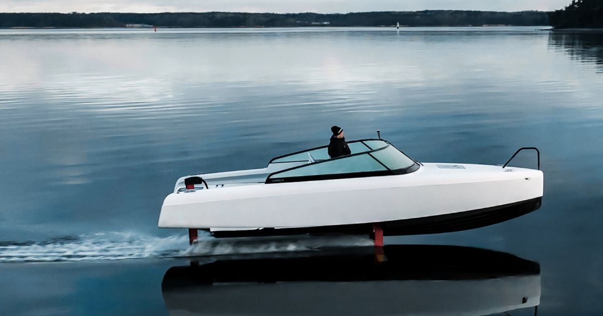 The sleek, electric watercraft appears to be flying above the water. The company plans to produce a passenger ferry version of the hydrofoil in 2023.