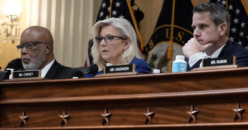 From left, Democratic Rep. Bennie Thompson of Mississippi and Republican Reps. Liz Cheney of Wyoming and Adam Kinzinger of Illinois participate in a hearing of the House select committee on the Jan. 6, 2021, Capitol incursion in the Cannon House Office Building in Washington on Oct. 13.