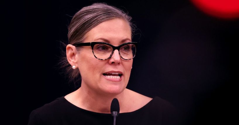 Arizona Democratic gubernatorial candidate Katie Hobbs speaks at a campaign event in Phoenix, Arizona, on Nov. 3.