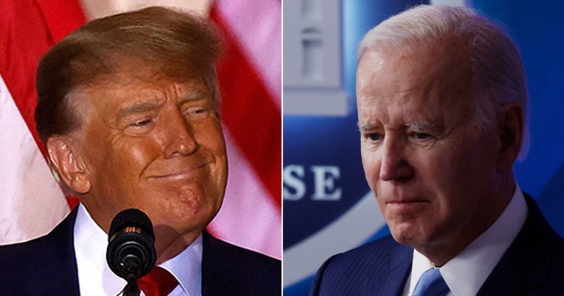 At left, former President Donald Trump speaks at the Mar-a-Lago Club in Palm Beach, Florida, on Nov. 15. At right, President Joe Biden walks on stage in the South Court Auditorium at the Eisenhower Executive Office Building in Washington on Dec. 8.