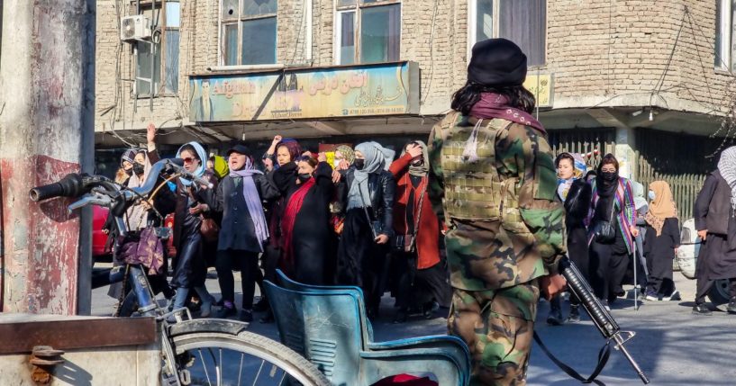 Afghan women protest against new Taliban ban on women accessing University Education on December 22, 2022 in Kabul, Afghanistan.