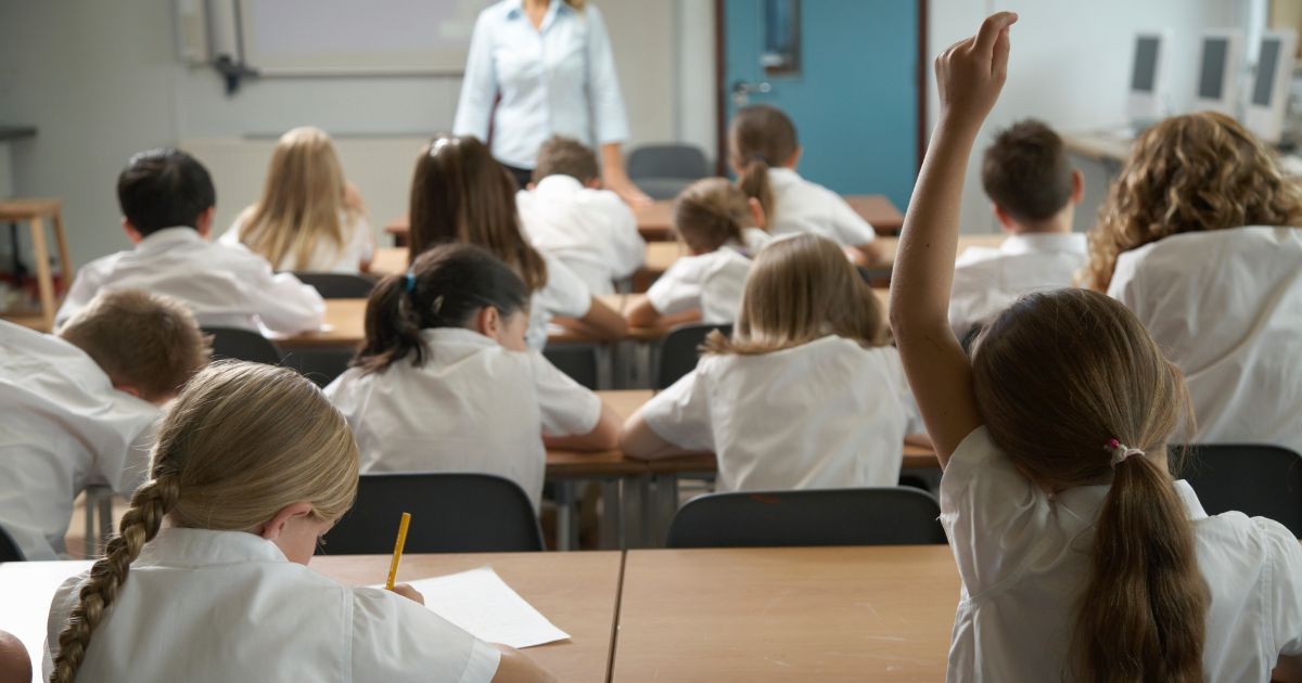 Female students are seen in the back of a classroom in this stock photo.