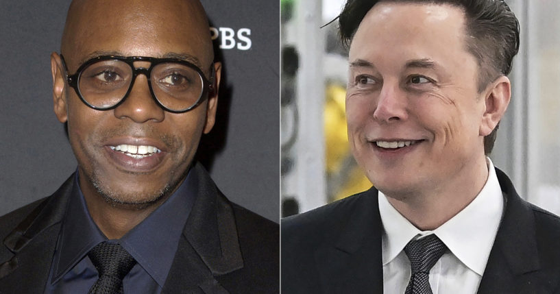 Comedian Dave Chappelle, left, invited Twitter owner Elon Musk, right, onto the stage during his Sunday night comedy show, receiving mixed reactions from the audience.