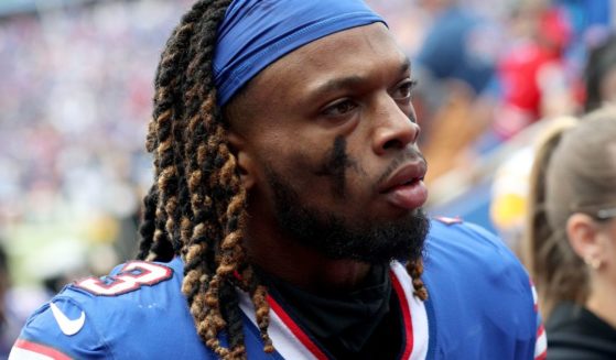 Damar Hamlin of the Buffalo Bills walks to the tunnel during halftime of a game against the Pittsburgh Steelers at Highmark Stadium on Oct. 9, 2022, in Orchard Park, New York.