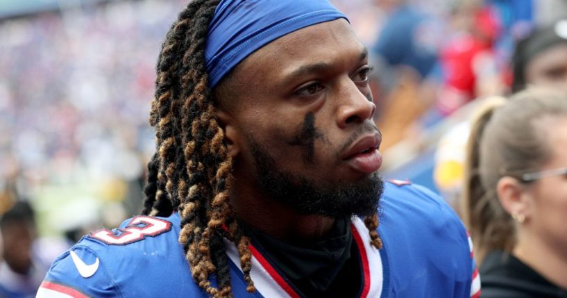 Damar Hamlin of the Buffalo Bills walks to the tunnel during halftime of a game against the Pittsburgh Steelers at Highmark Stadium on Oct. 9, 2022, in Orchard Park, New York.