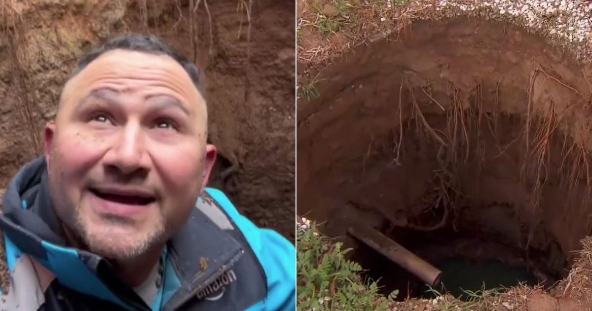 Charles Amicangelo, an Amazon delivery driver, left, delivered a package in Apple Valley, California, when he fell into a septic tank sinkhole, right.