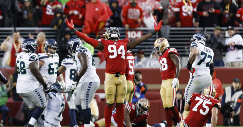 San Francisco 49ers defensive end Charles Omenihu, number 94, celebrates during the NFL wild card playoff game against the Seattle Seahawks in Santa Clara, California, on Jan. 14.