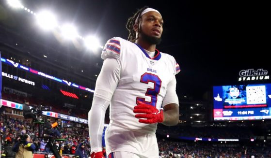 Safety Damar Hamlin #3 of the Buffalo Bills walks off the field after being ejected for a hit on wide receiver Jakobi Meyers #16 of the New England Patriots at Gillette Stadium on Dec. 1, 2022, in Foxborough, Massachusetts.