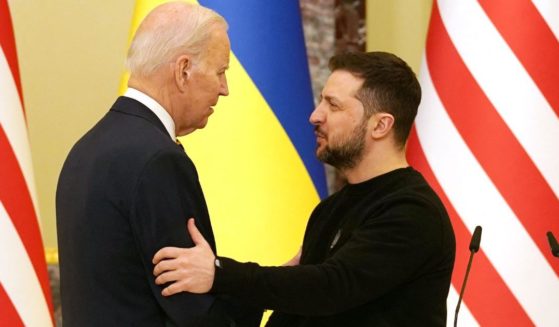 President Joe Biden, left, embraces Ukrainian President Volodymyr Zelenskyy during a joint news conference in Kyiv, Ukraine, on Monday.