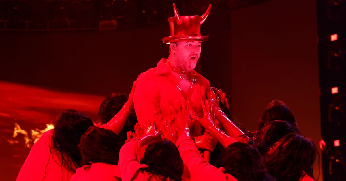 Sam Smith invokes Satan during a performance onstage at the Grammy Awards at Crypto.com Arena in Los Angeles on Sunday.