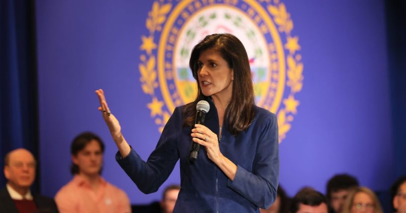 Republican presidential candidate Nikki Haley speaks during a campaign event at Saint Anselm College on Feb. 17 in Manchester, New Hampshire.