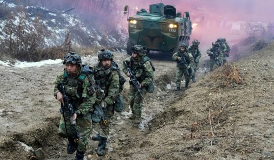 U.S. Army soldiers march during a military drill