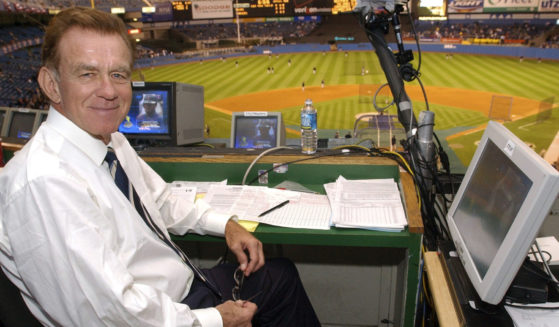 Baseball announcer Tim McCarver poses in the press box before the start of Game 2 of the American League Division Series in New York on Oct. 2, 2003.