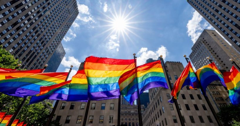 Rockefeller Plaza is decorated with LGBT flags on June 29, 2022, in New York City.