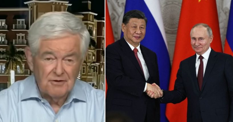 Newt Gingrich appears on Fox News on Tuesday. Russian President Vladimir Putin and Chinese President Xi Jinping shake hands at the Kremlin in Moscow on Tuesday.