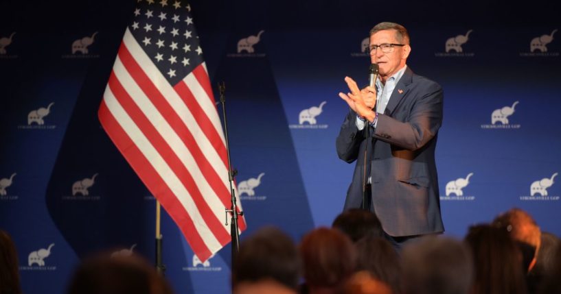 Michael Flynn speaks at a campaign event for U.S. Senate candidate Josh Mandel on April 21, 2022, in Brunswick, Ohio.