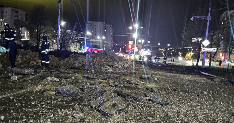 the crater after an explosion in Belgorod, Russia