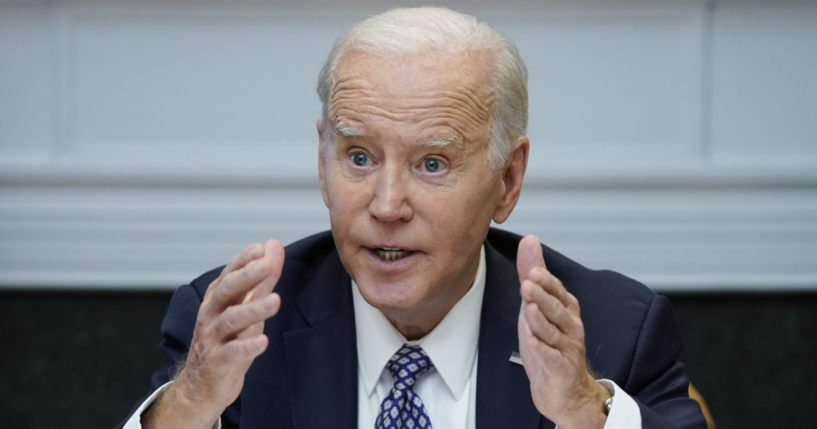 President Joe Biden speaks during a meeting in the Roosevelt Room of the White House in Washington on Friday.