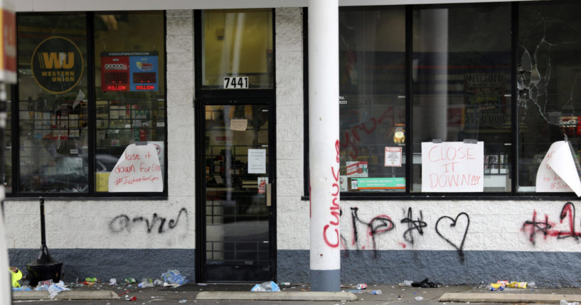 Debris is spread out in front of Xpress Mart convenience store in Columbia, South Carolina, on Tuesday.