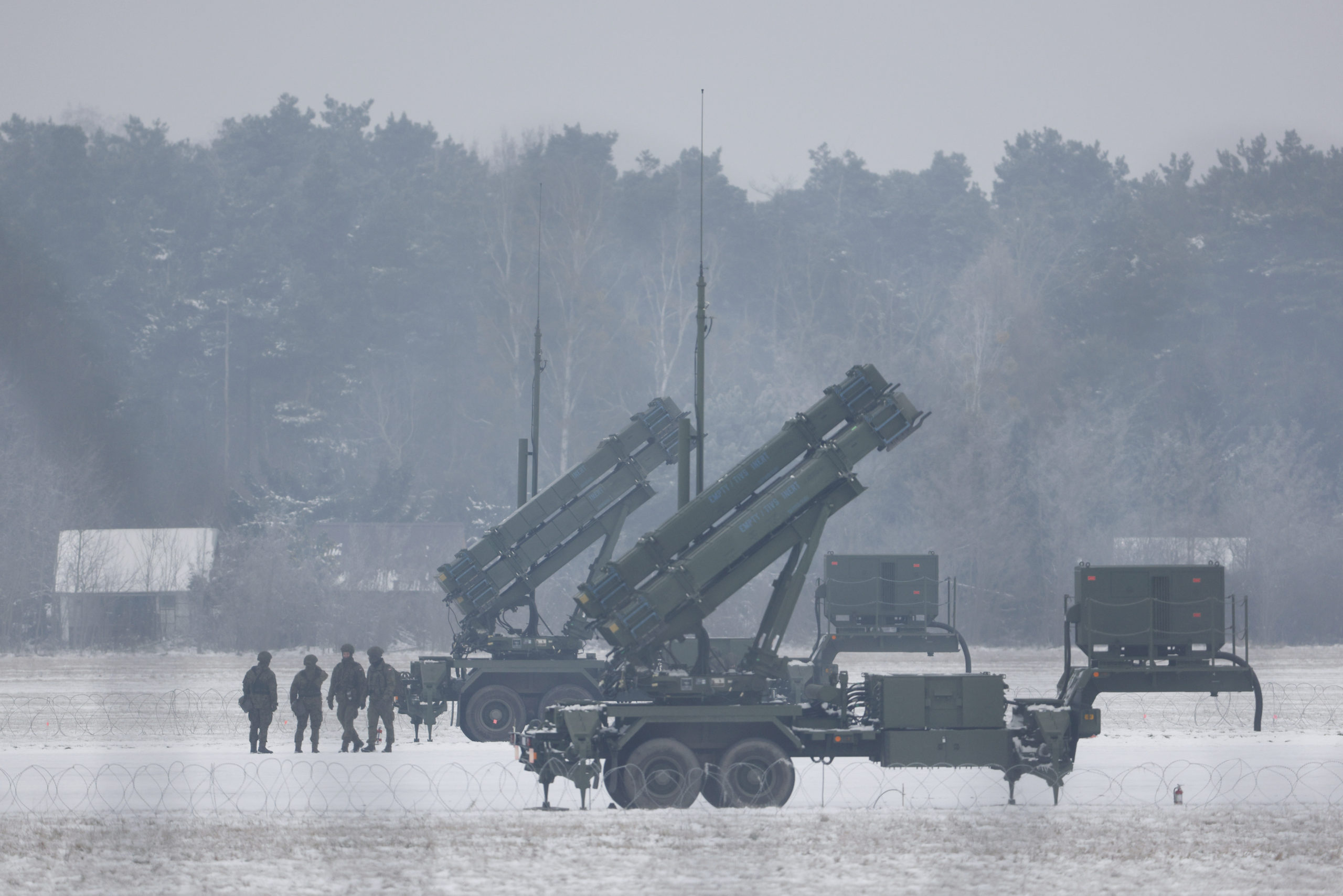 Patriot missile launchers acquired from the U.S. are seen in Warsaw on Feb. 6. Ukraine took its first delivery of the missiles in late April.